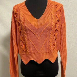 Derek Heart Vneck Knit W Braided Design Sweater w Scallop Hem Size Large